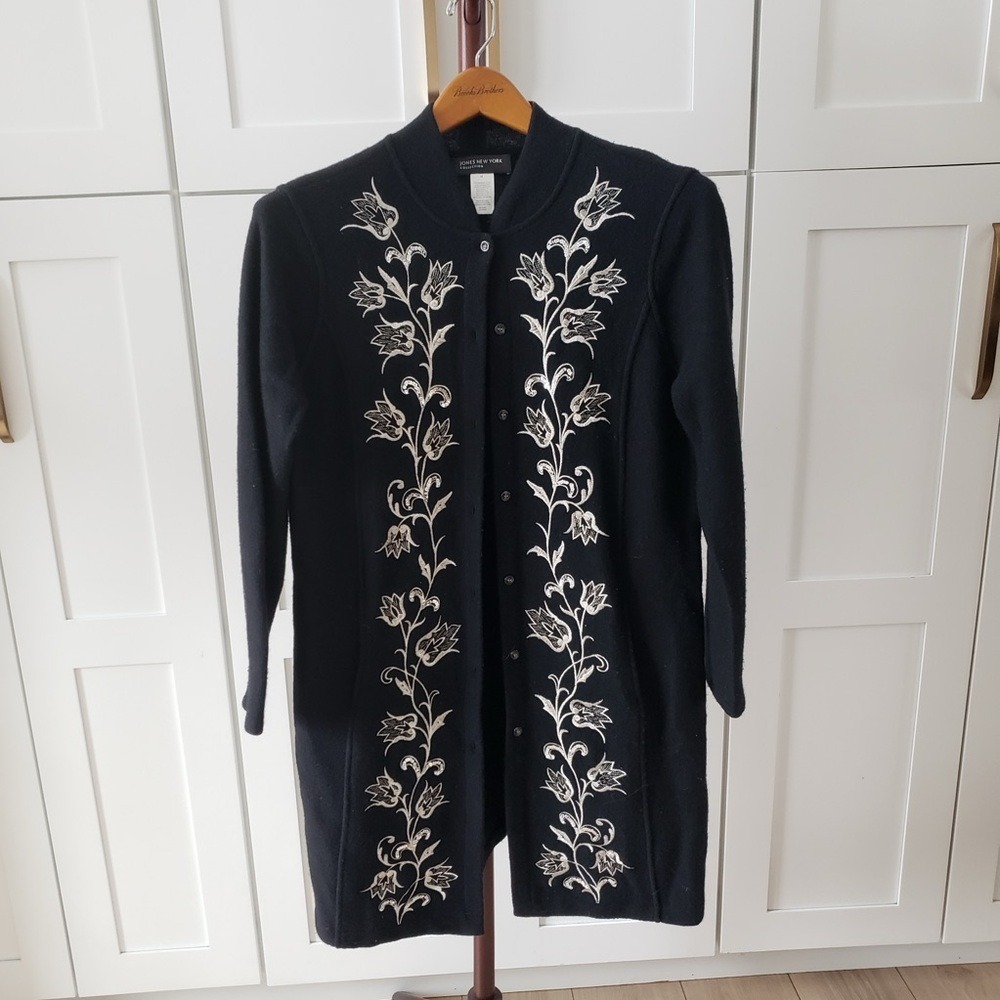 Jones New York Coat Black Merino Wool Long Jacket